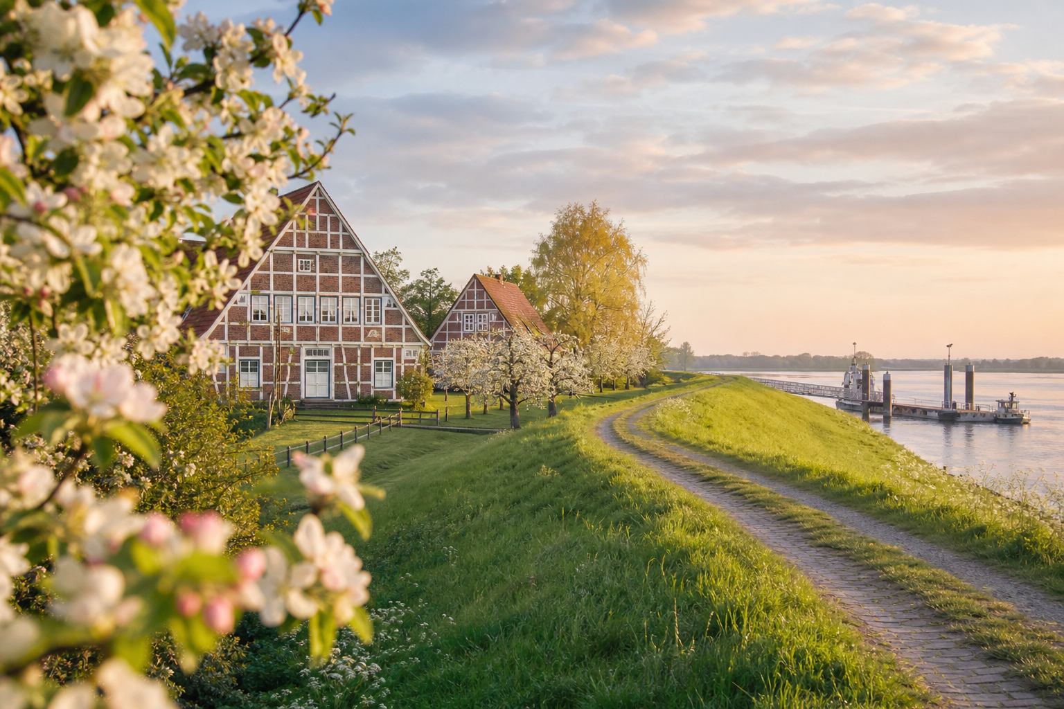 Apfelgärten und Deichweg im Alten Land