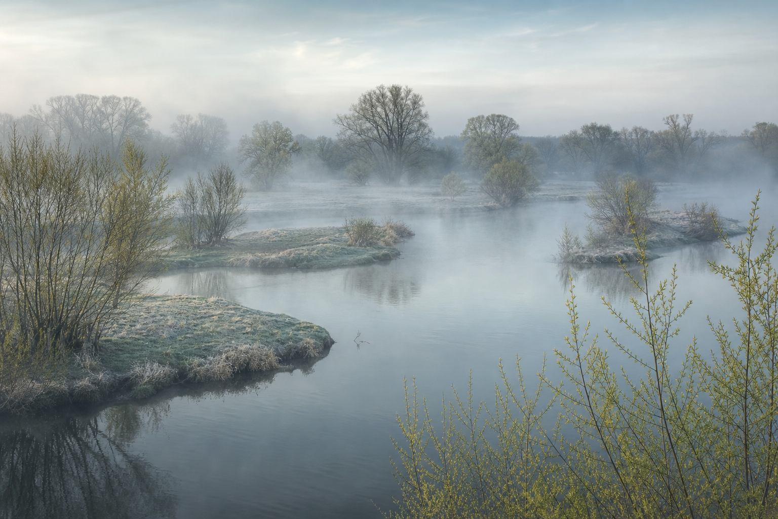 Silberner Flussnebel über einer Aue im Frühling